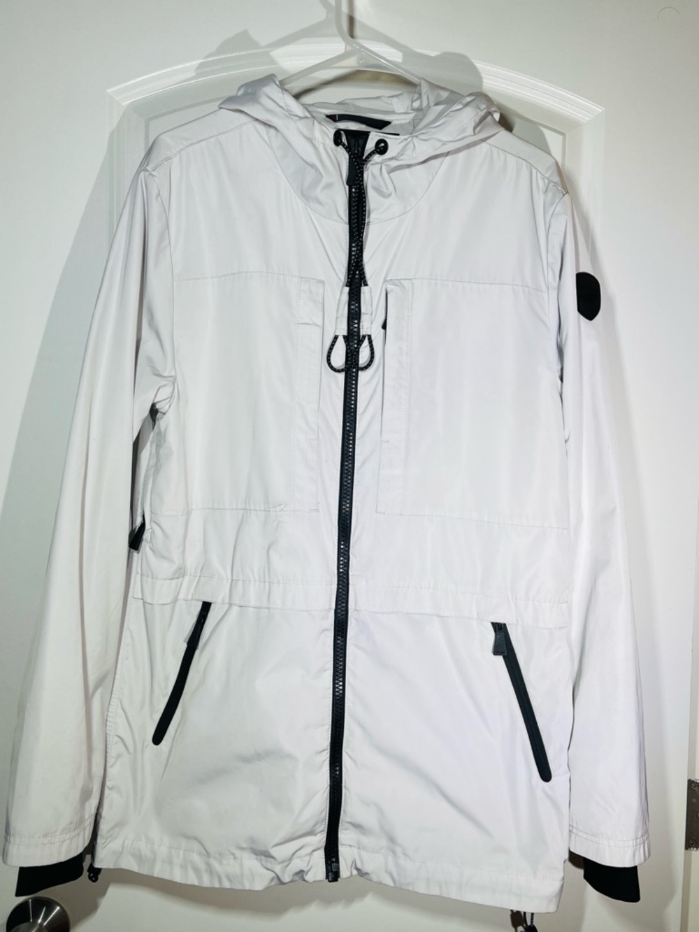 Pajar White Hooded Raincoat with Black Trim Accents